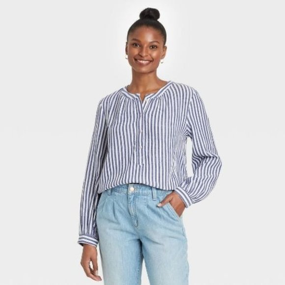 Women's Striped Long Sleeve Half Placket Blouse - Universal Thread, Blue XS - Picture 1 of 8